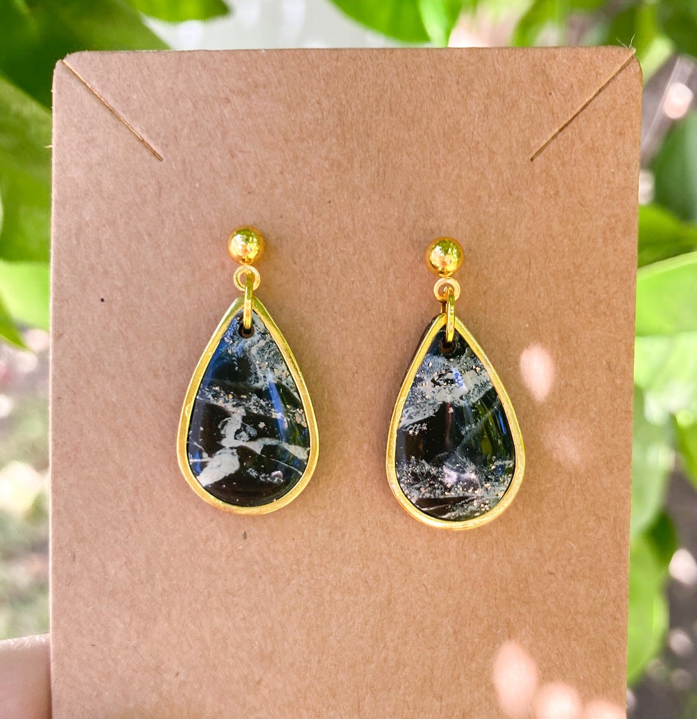 Black & Gold Marbled Mini Teardrop Earrings, Handmade Polymer Clay