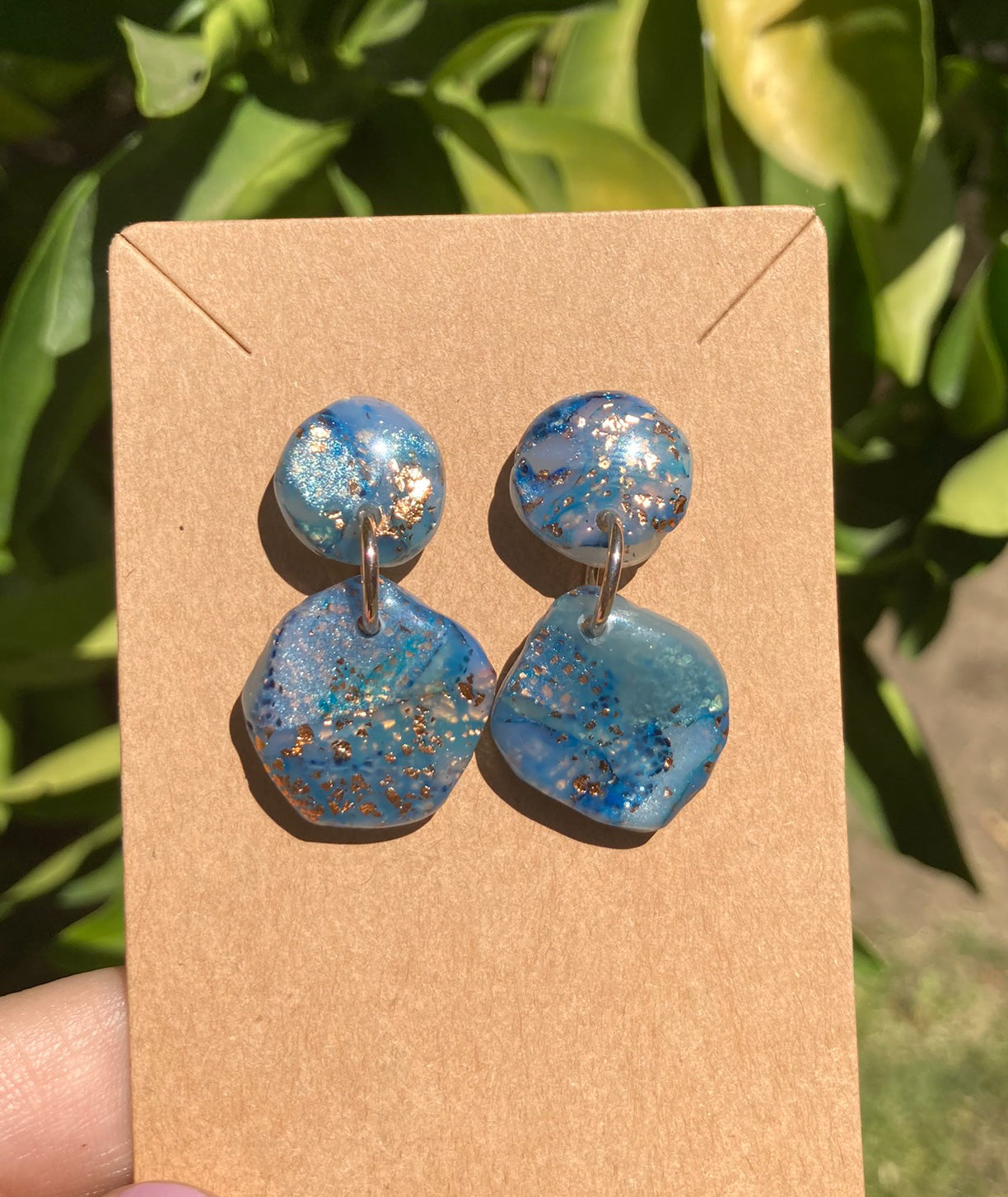 Blue & Copper Gold Faux Rough Chunky Stone Earrings, Handmade Polymer Clay