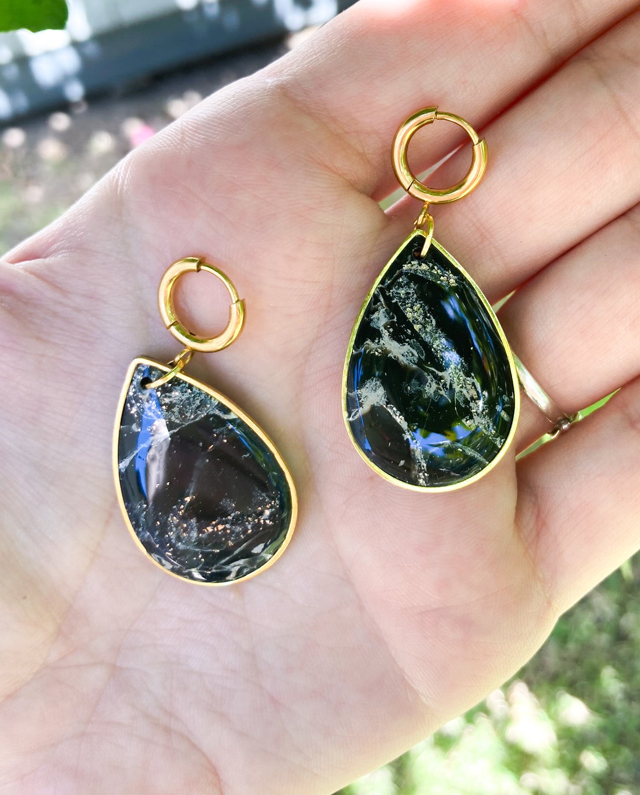 Black & Gold Marbled Teardrop Earrings, Handmade Polymer Clay