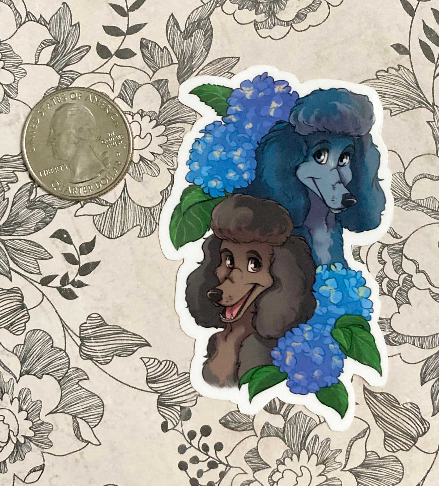 Cute Poodle Dogs with Hydrangeas Floral Vinyl Sticker