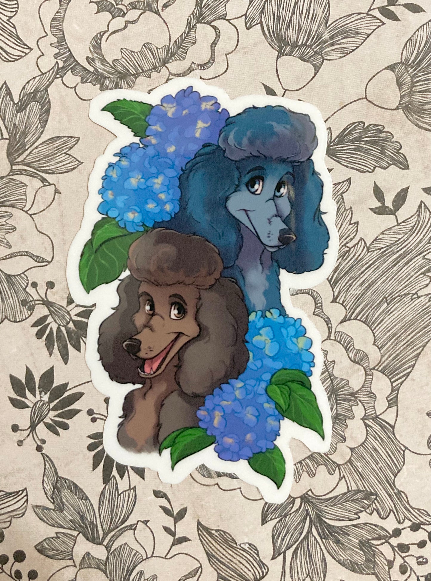 Cute Poodle Dogs with Hydrangeas Floral Vinyl Sticker