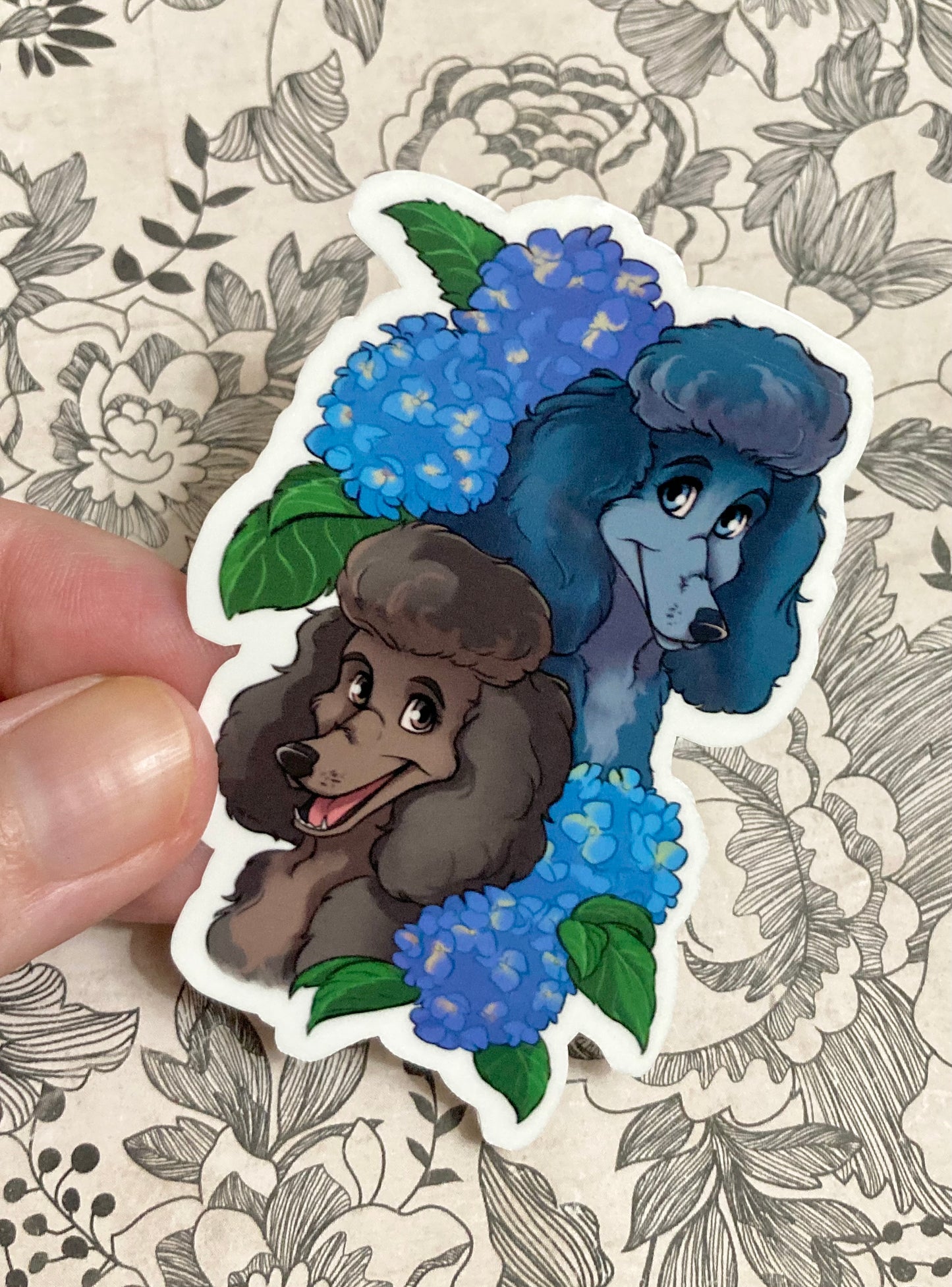 Cute Poodle Dogs with Hydrangeas Floral Vinyl Sticker