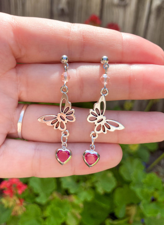 Silver Heart Butterfly Stainless Earrings
