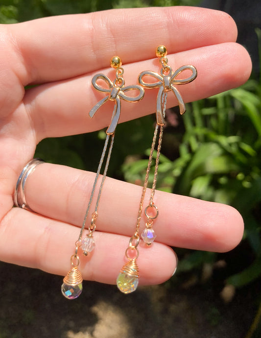 Gold Ribbon Earrings w/ Iridescent Glass Beads Stainless