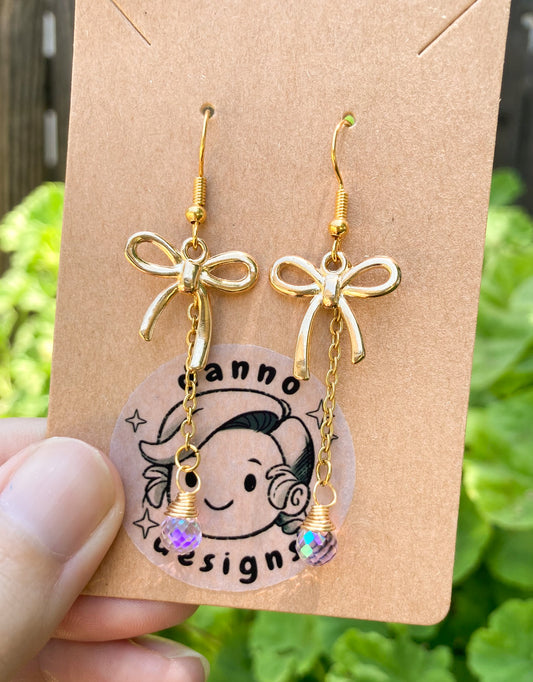 Gold Ribbon Earrings w/ Iridescent/Pink hue Glass Beads Stainless