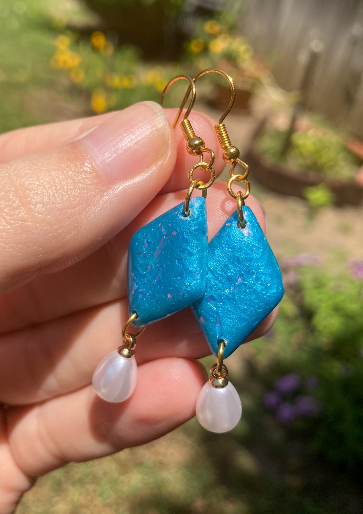 Blue & Pearl Earrings, Handmade Polymer Clay