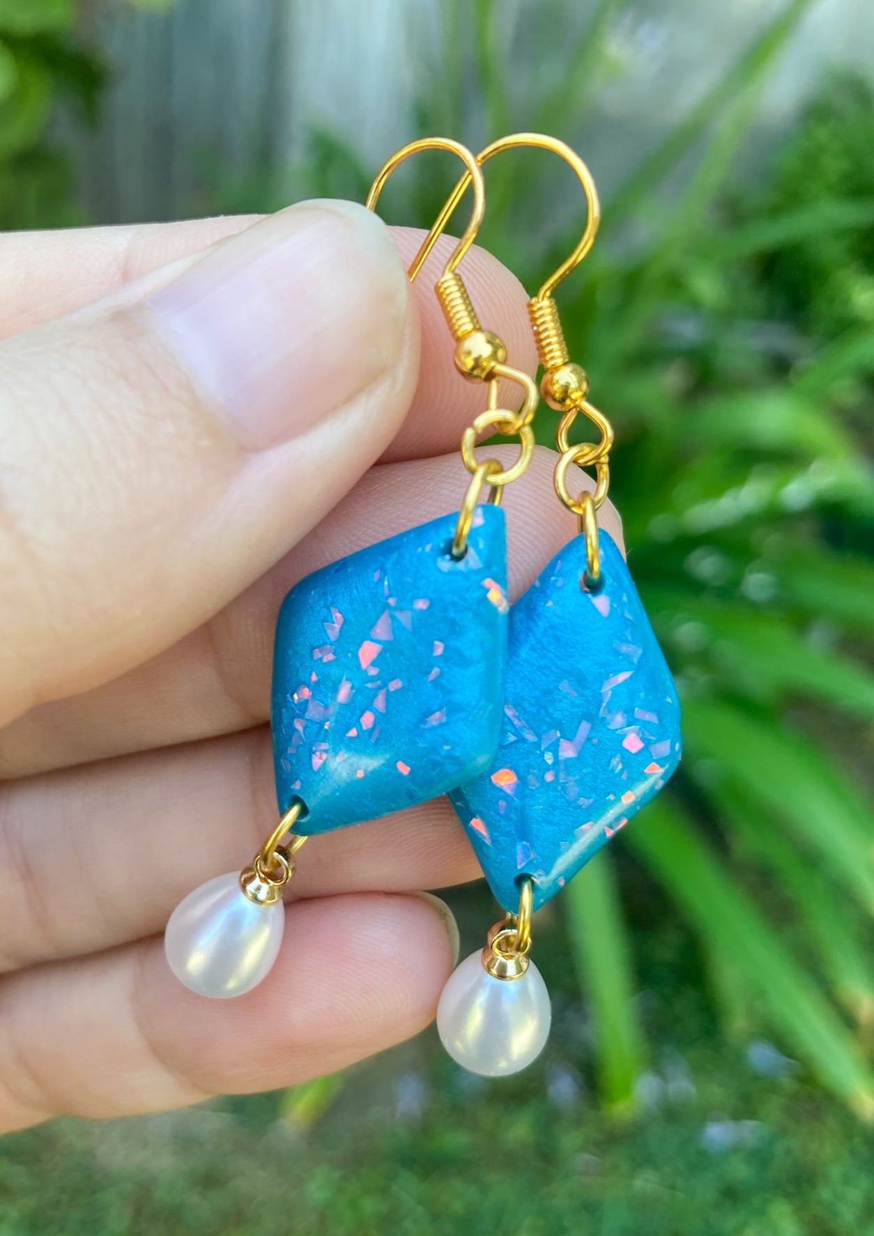 Blue & Pearl Earrings, Handmade Polymer Clay