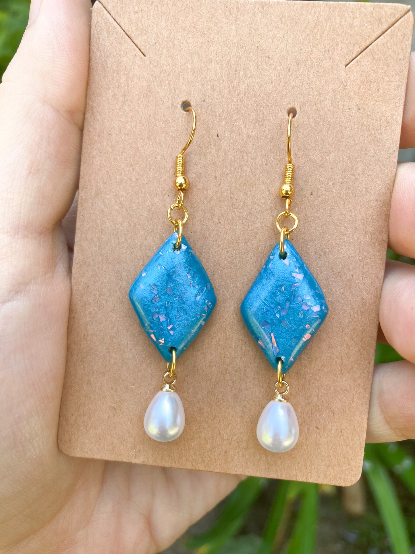 Blue & Pearl Earrings, Handmade Polymer Clay