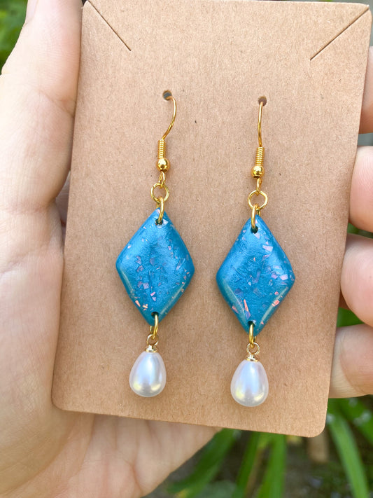 Blue & Pearl Earrings, Handmade Polymer Clay