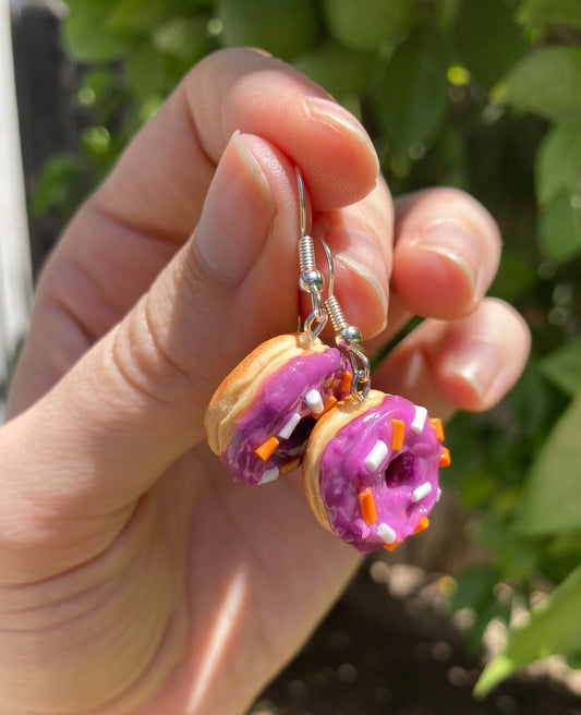 Halloween Frosted Purple Doughnut Earrings, Handmade Polymer Clay