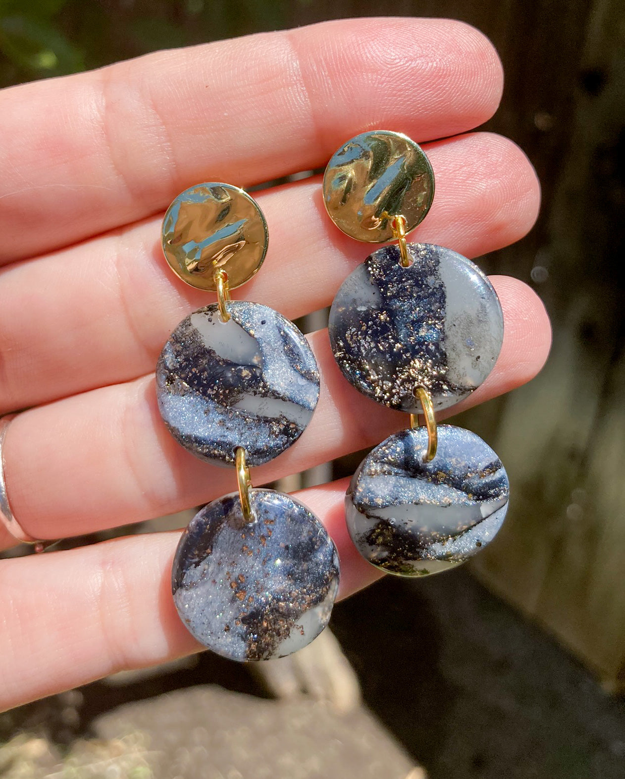 Black & Gold Marbled Moon Earrings, Handmade Polymer Clay