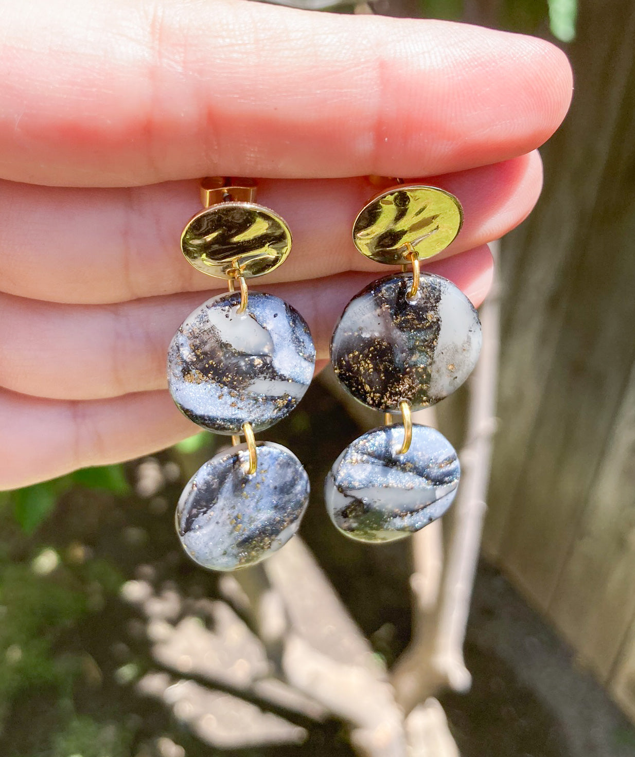 Black & Gold Marbled Moon Earrings, Handmade Polymer Clay