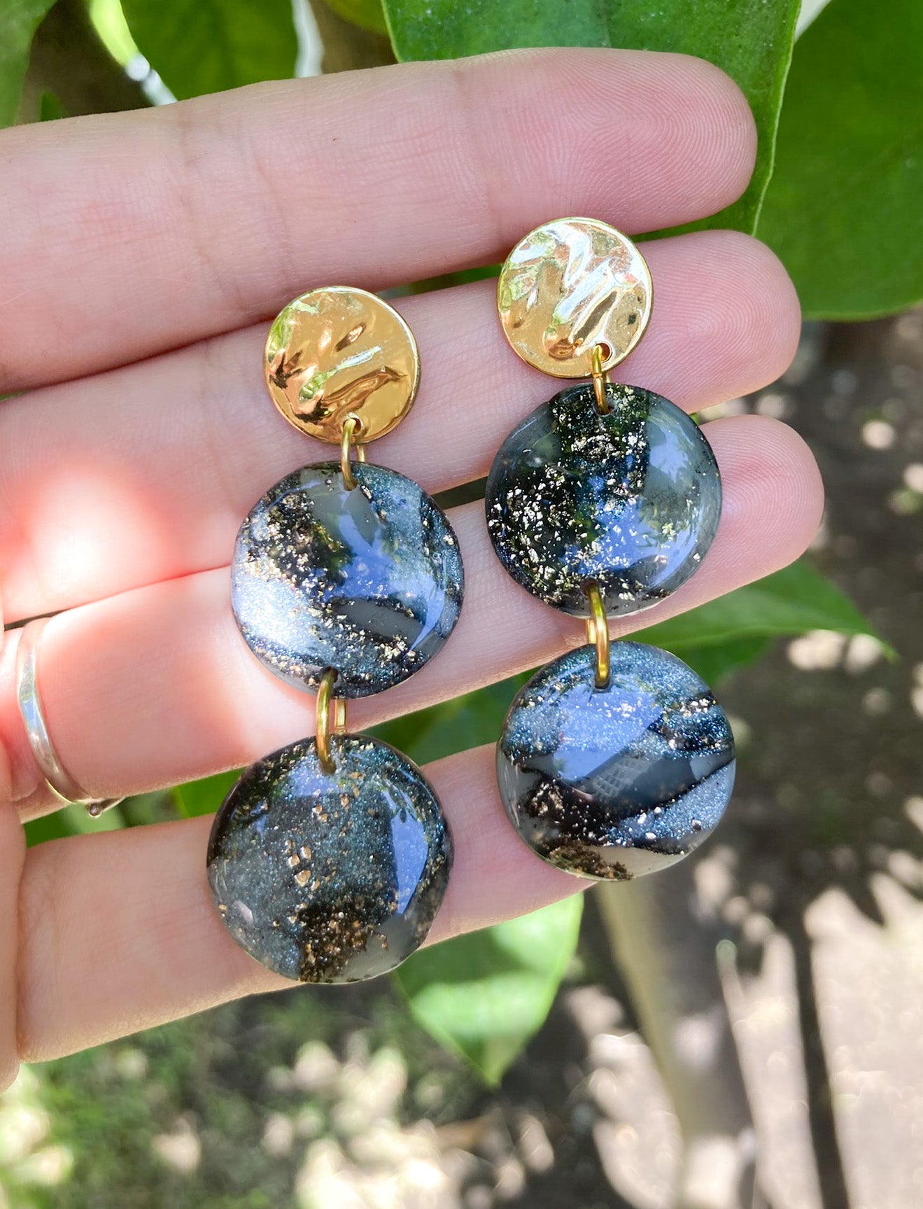 Black & Gold Marbled Moon Earrings, Handmade Polymer Clay