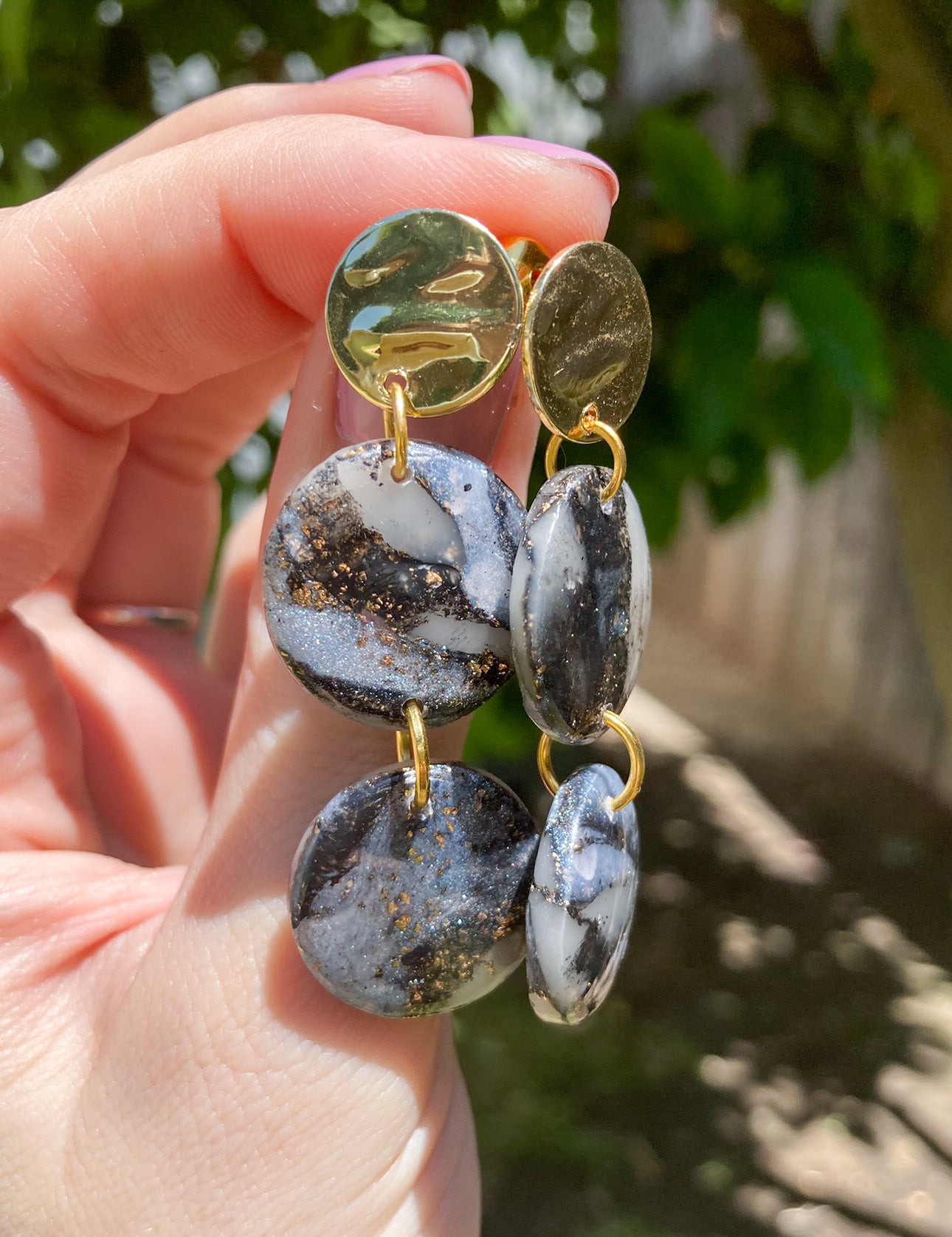 Black & Gold Marbled Moon Earrings, Handmade Polymer Clay