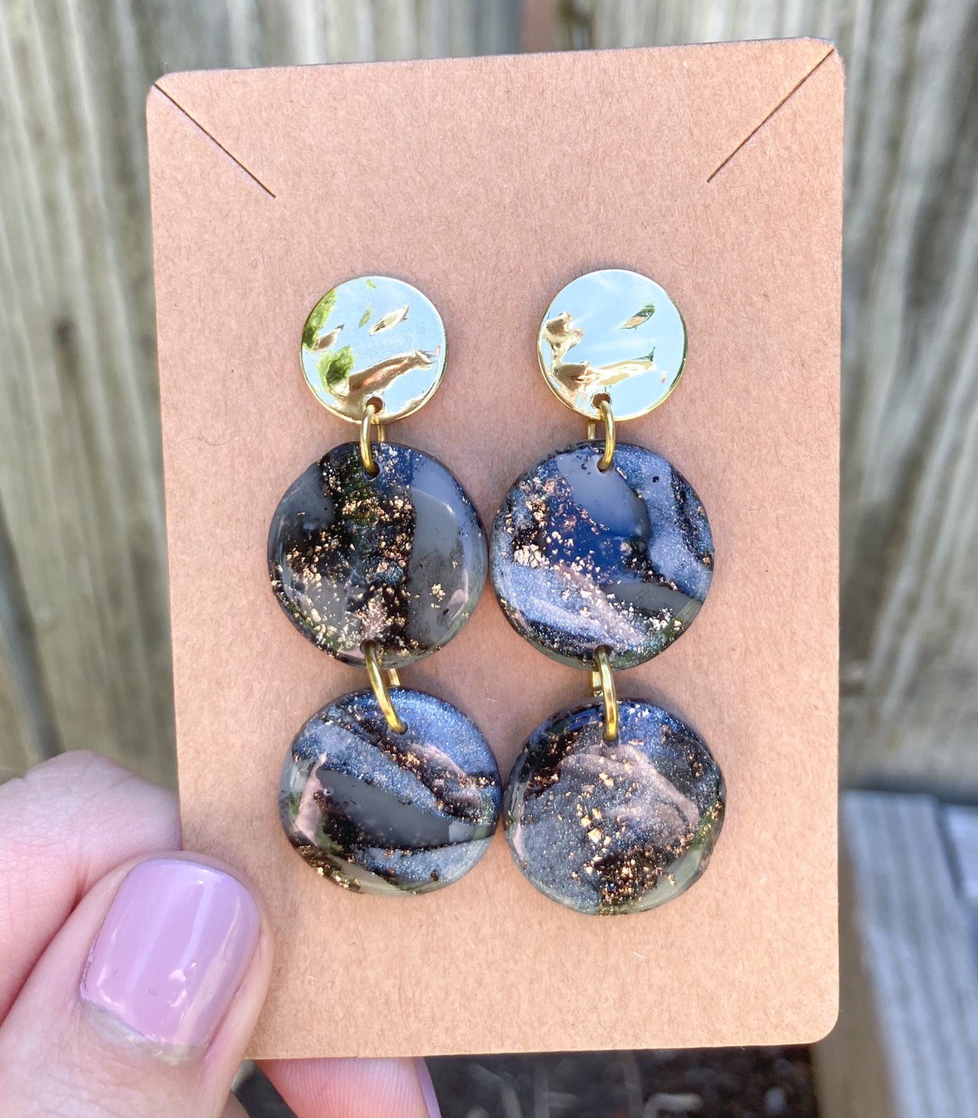 Black & Gold Marbled Moon Earrings, Handmade Polymer Clay