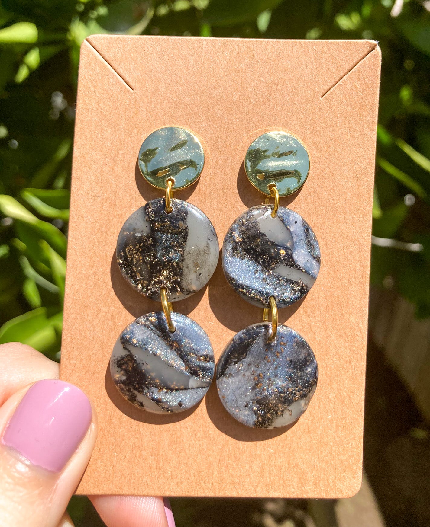 Black & Gold Marbled Moon Earrings, Handmade Polymer Clay