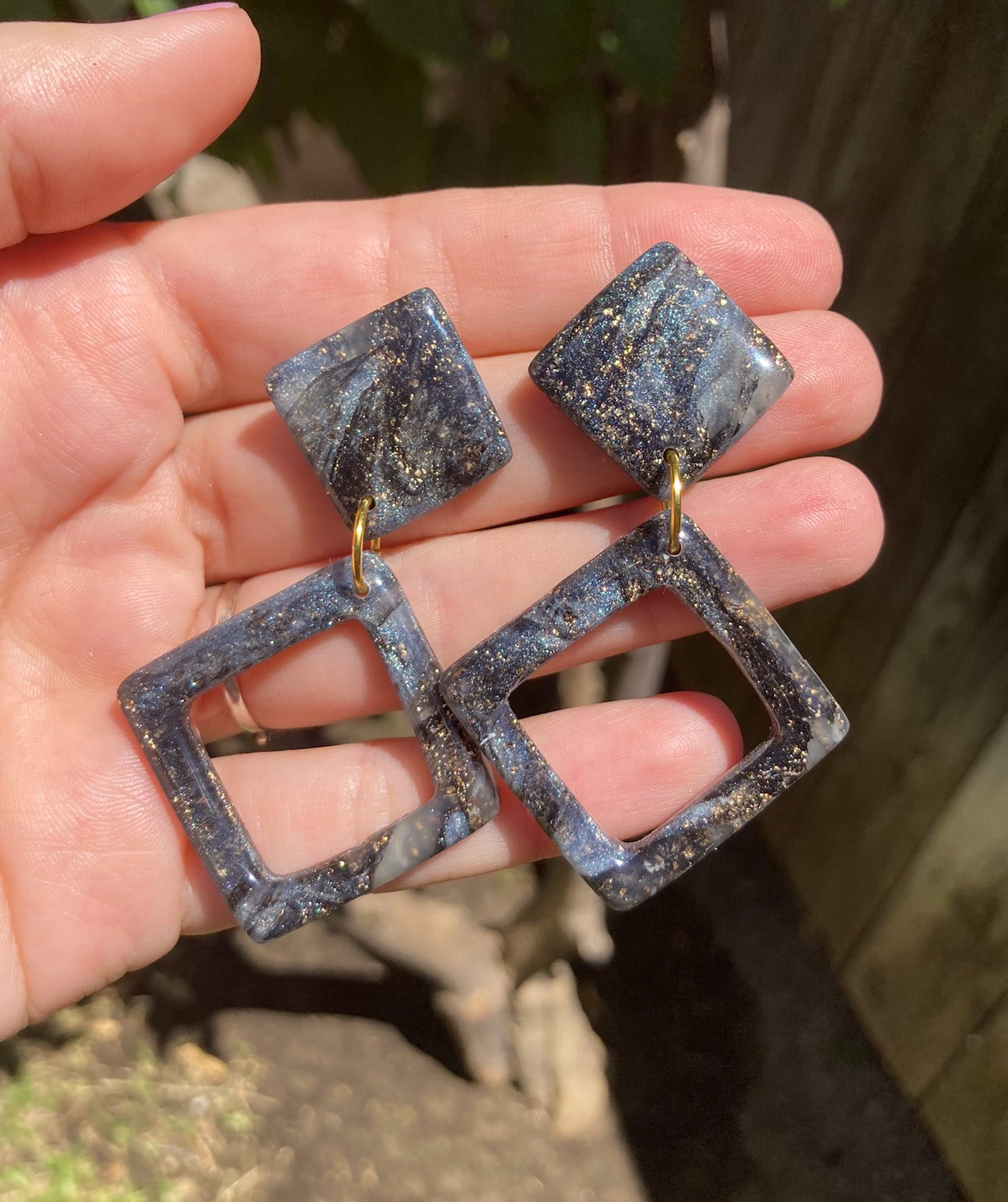 Black & Gold Marbled Geometric Earrings, Handmade Polymer Clay