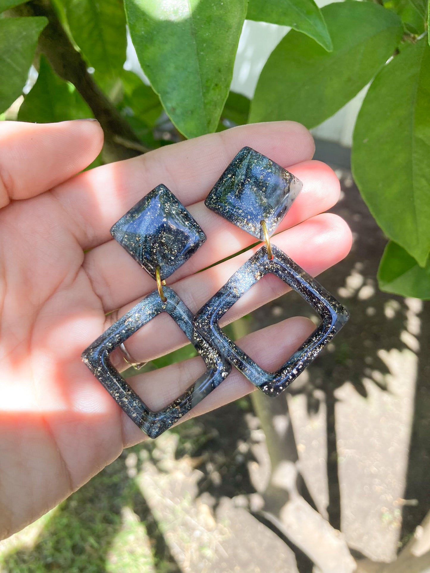 Black & Gold Marbled Geometric Earrings, Handmade Polymer Clay