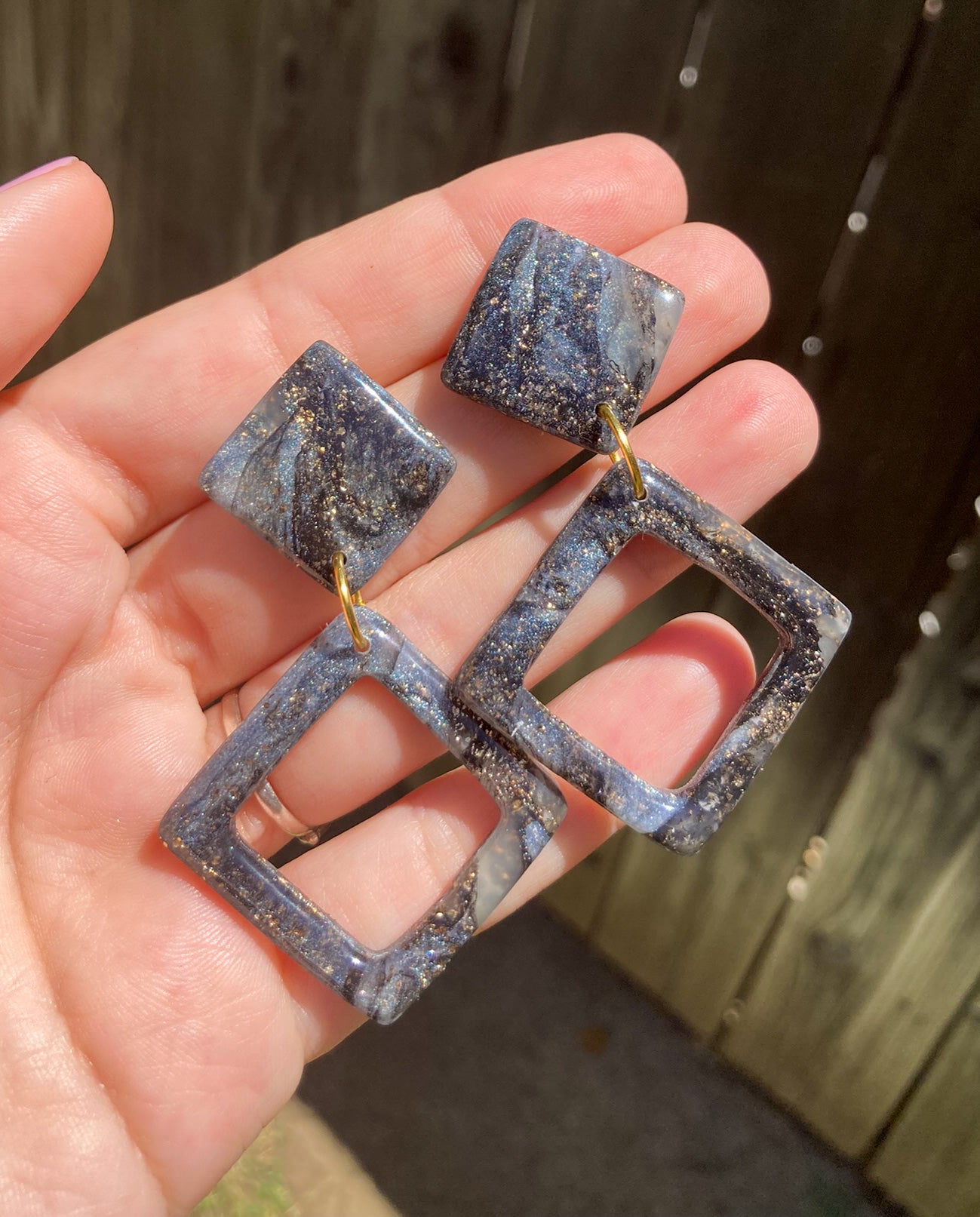 Black & Gold Marbled Geometric Earrings, Handmade Polymer Clay