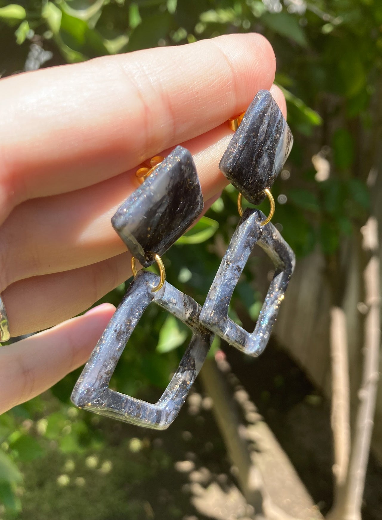 Black & Gold Marbled Geometric Earrings, Handmade Polymer Clay