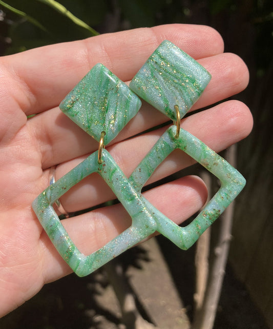 Jade & Gold Flecks Geometric Earrings, Handmade Polymer Clay