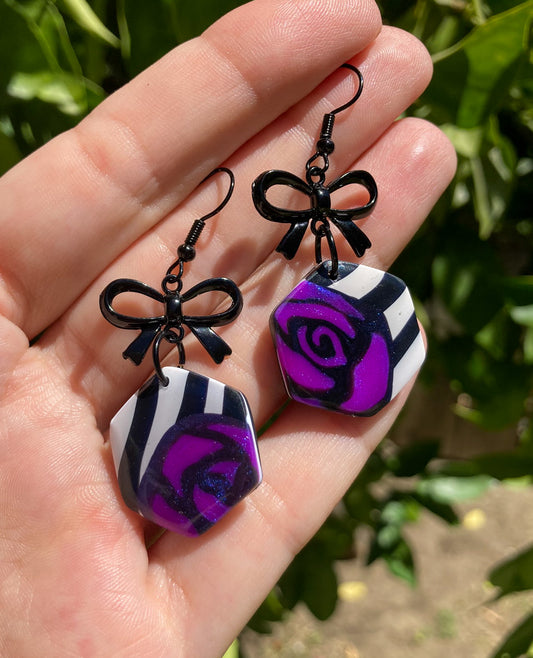 Gothic Roses & Ribbons Purple Polymer Clay Earrings