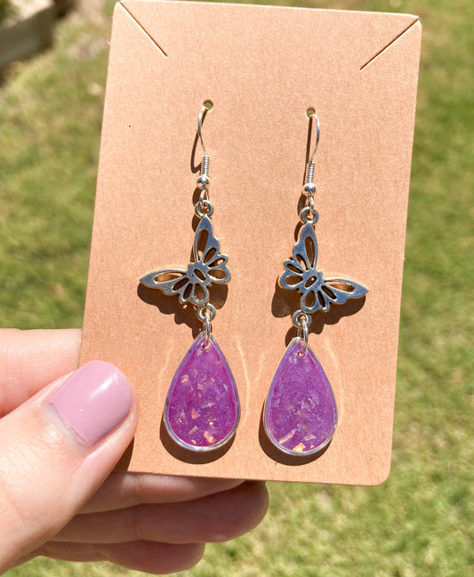 Iridescent Purple Teardrop Butterfly Earrings