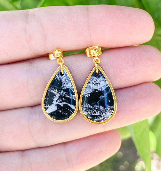 Black & Gold Marbled Mini Teardrop Earrings, Handmade Polymer Clay