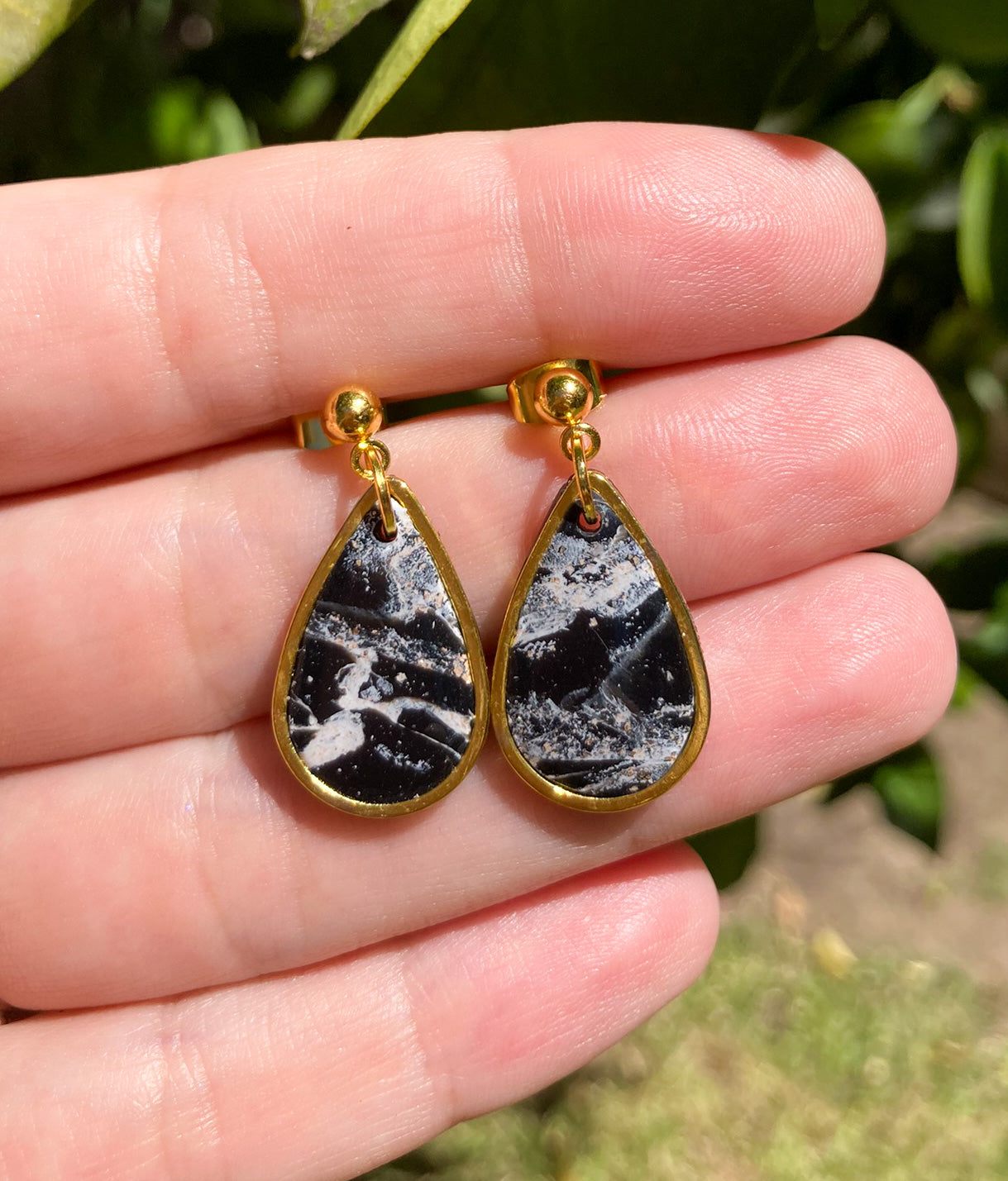 Black & Gold Marbled Mini Teardrop Earrings, Handmade Polymer Clay