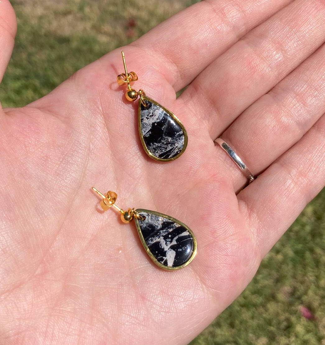 Black & Gold Marbled Mini Teardrop Earrings, Handmade Polymer Clay