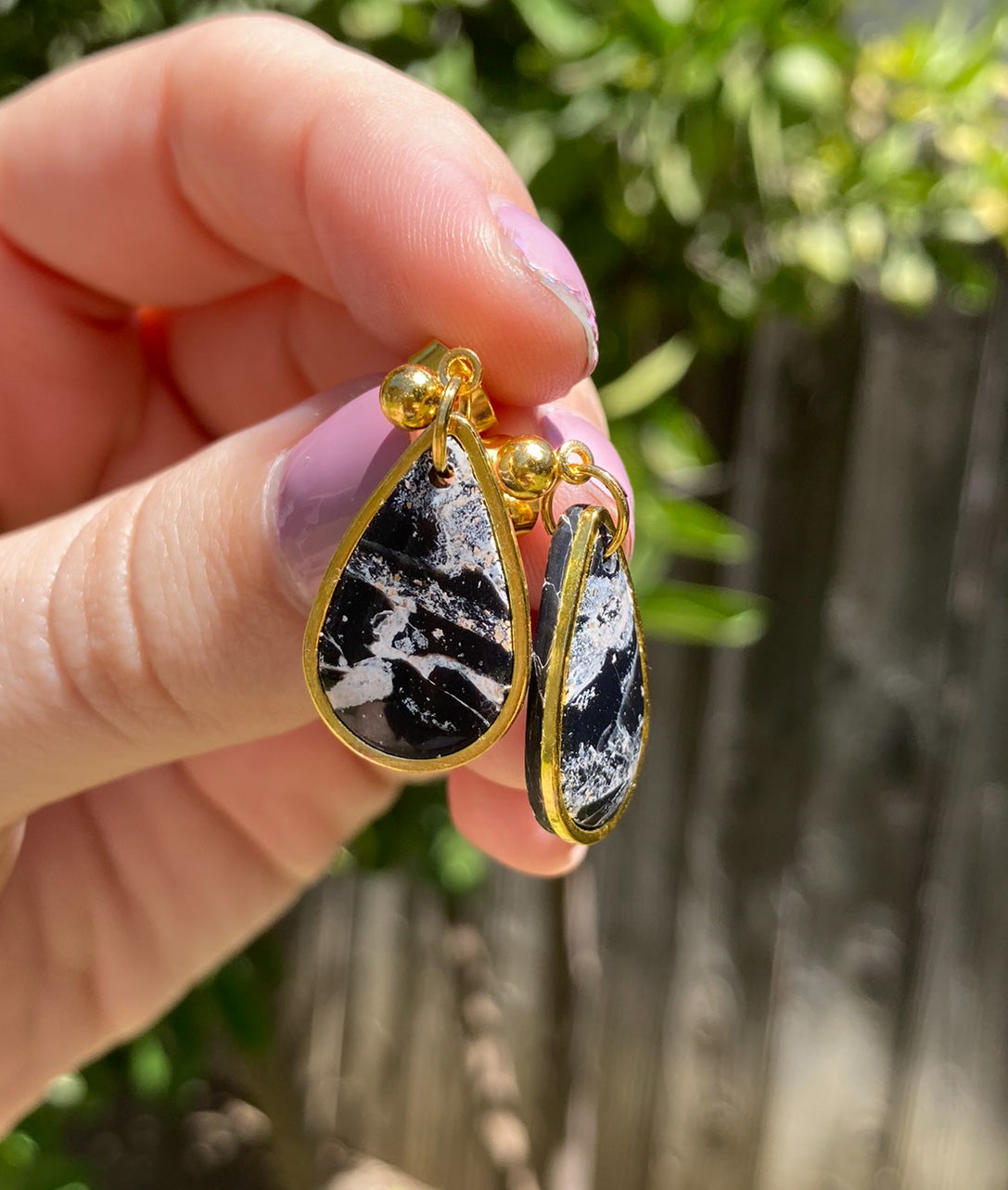 Black & Gold Marbled Mini Teardrop Earrings, Handmade Polymer Clay