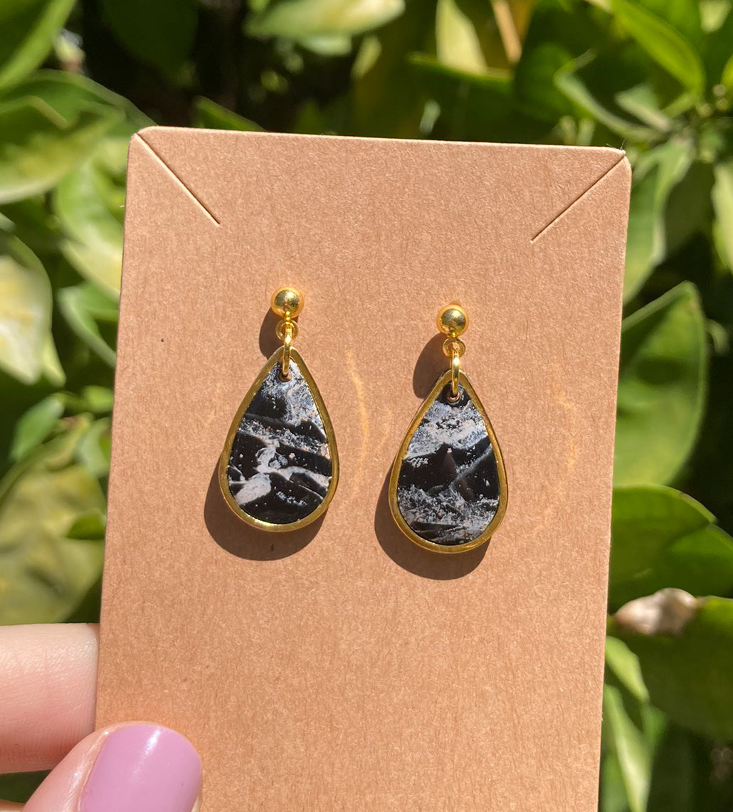 Black & Gold Marbled Mini Teardrop Earrings, Handmade Polymer Clay