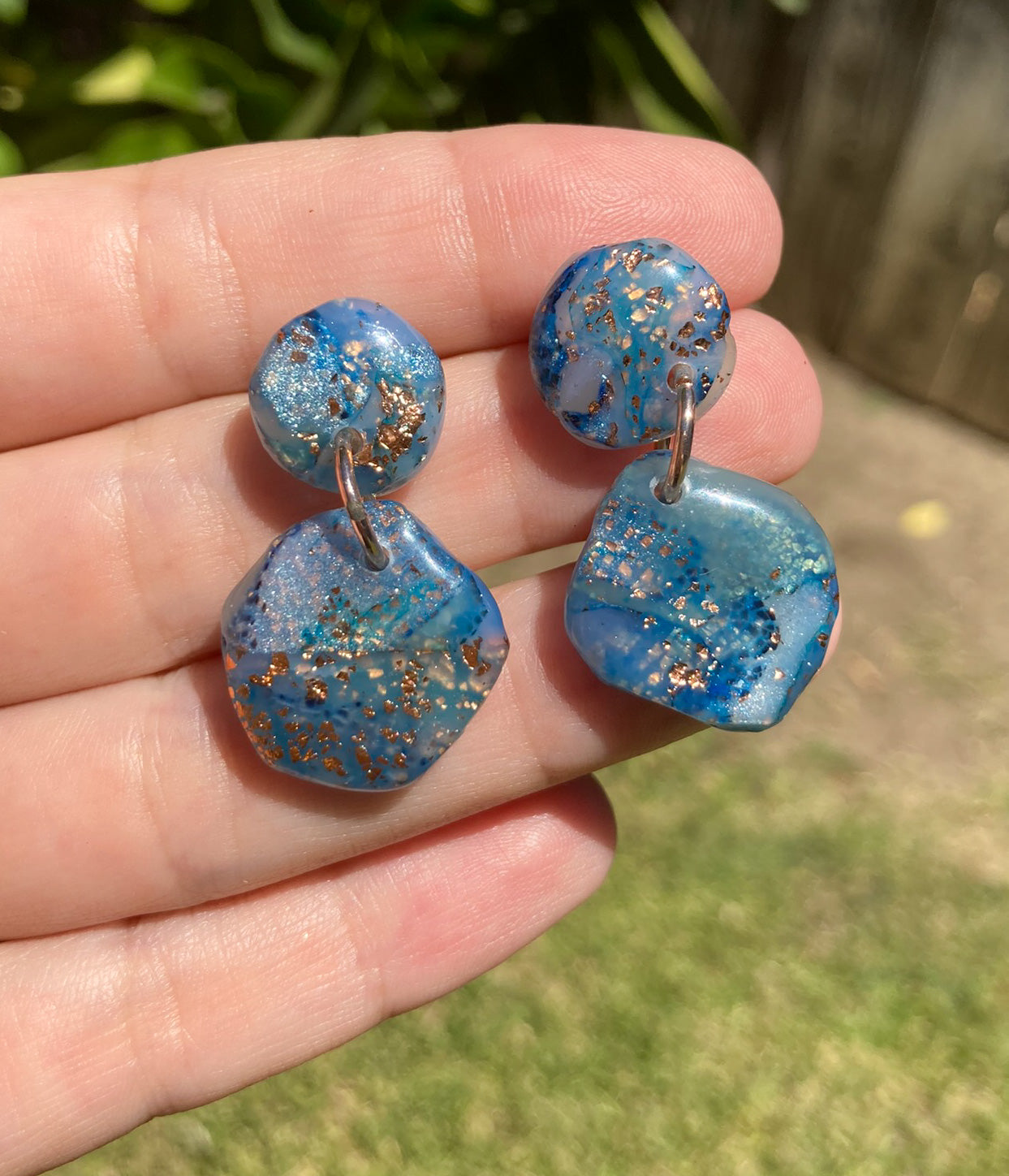 Blue & Copper Gold Faux Rough Chunky Stone Earrings, Handmade Polymer Clay