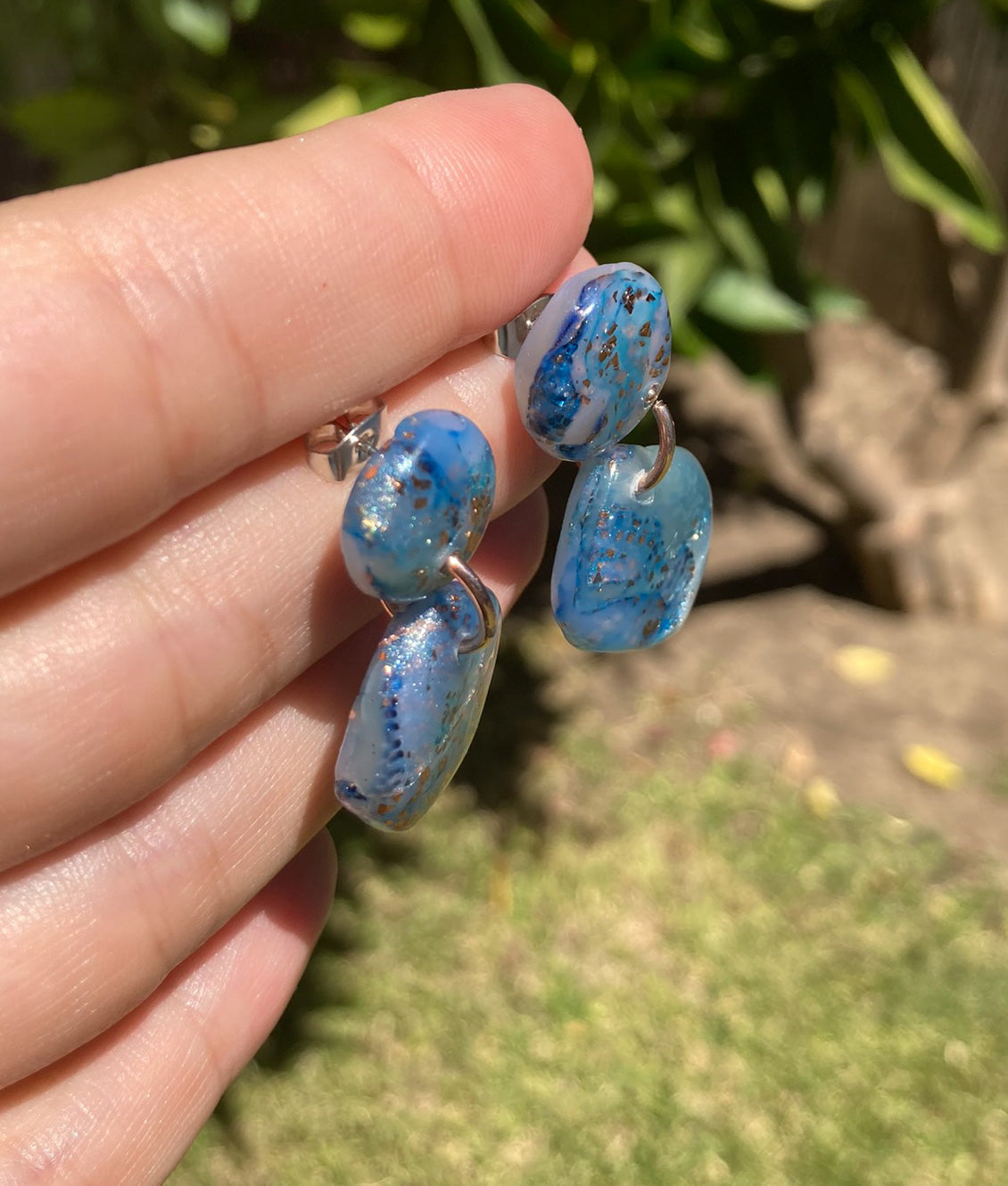 Blue & Copper Gold Faux Rough Chunky Stone Earrings, Handmade Polymer Clay