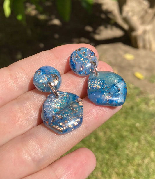 Blue & Copper Gold Faux Rough Chunky Stone Earrings, Handmade Polymer Clay