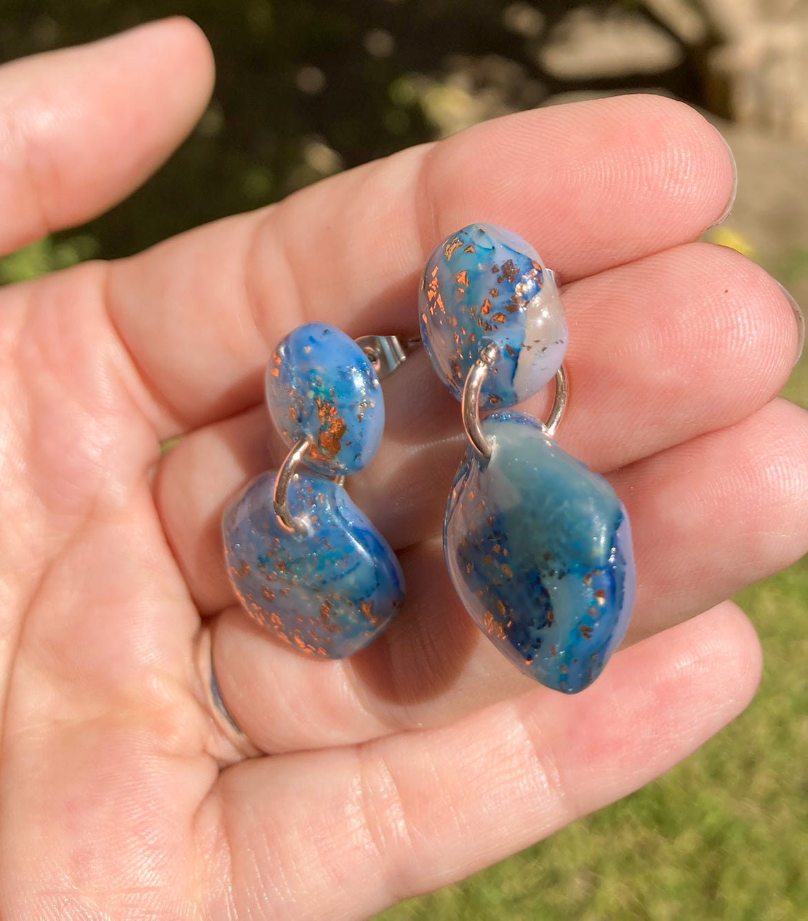 Blue & Copper Gold Faux Rough Chunky Stone Earrings, Handmade Polymer Clay