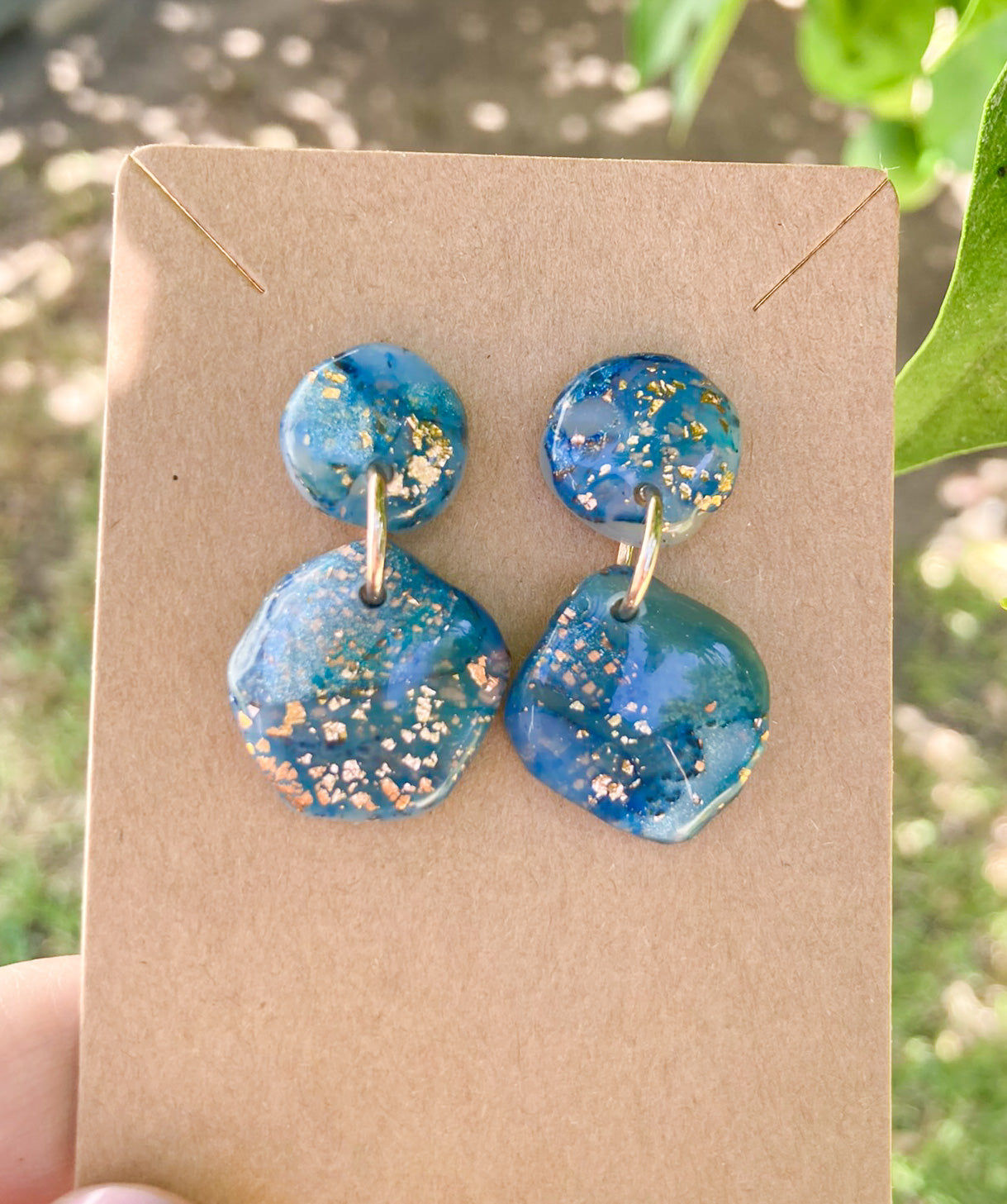 Blue & Copper Gold Faux Rough Chunky Stone Earrings, Handmade Polymer Clay