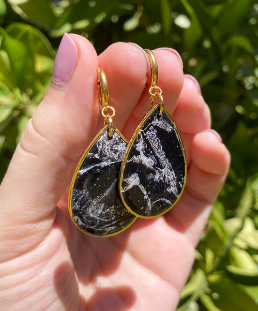 Black & Gold Marbled Teardrop Earrings, Handmade Polymer Clay