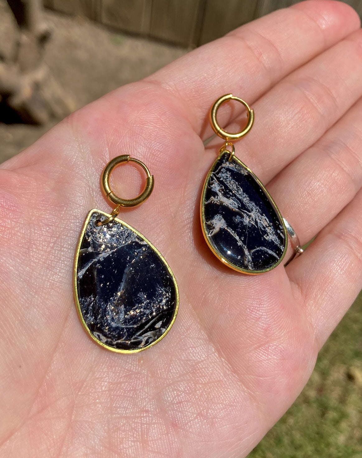 Black & Gold Marbled Teardrop Earrings, Handmade Polymer Clay