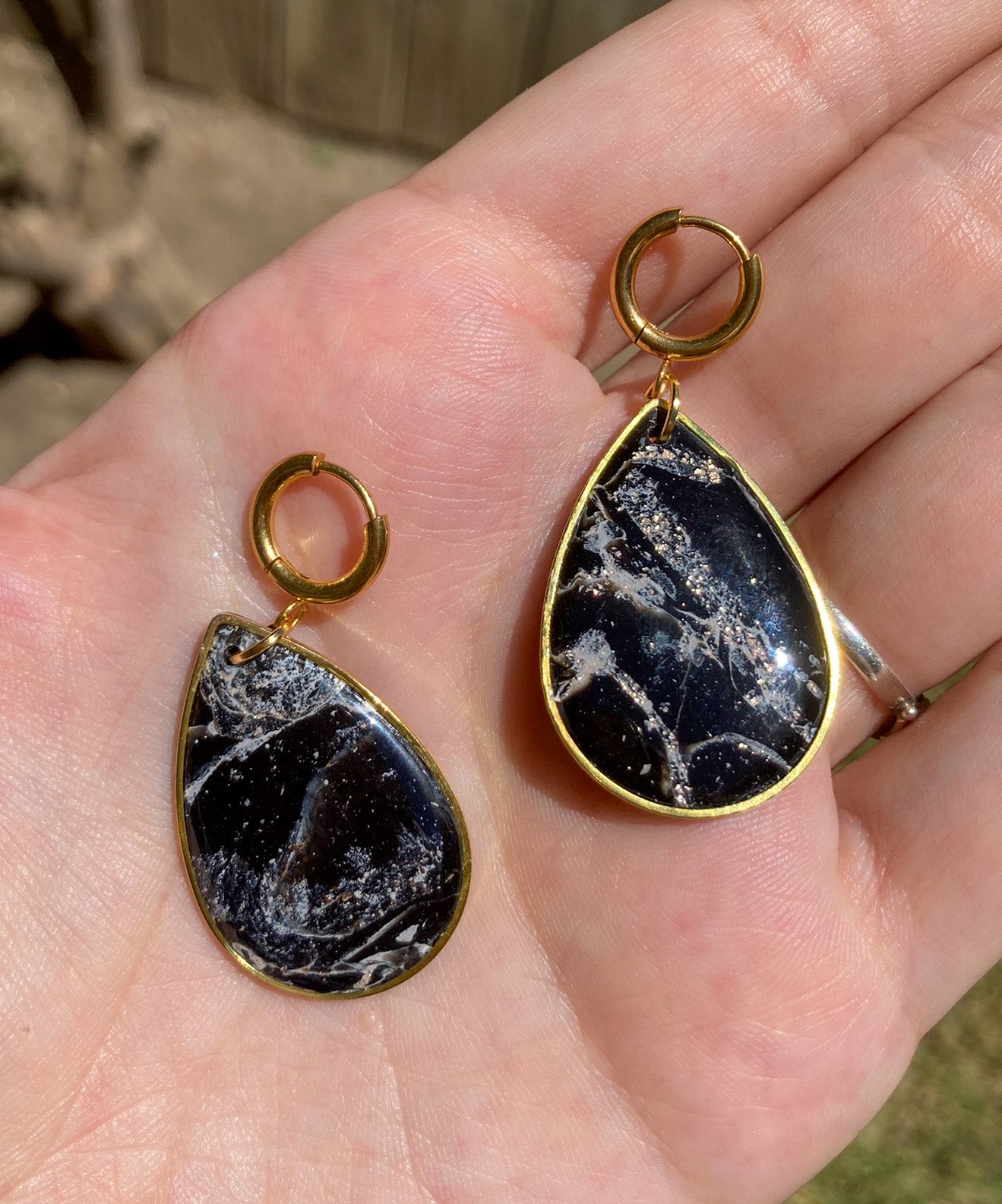 Black & Gold Marbled Teardrop Earrings, Handmade Polymer Clay