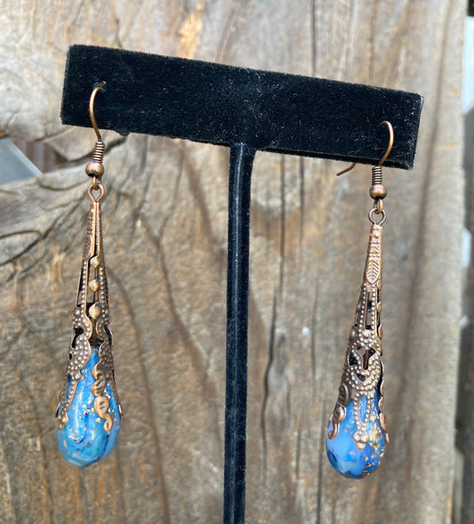 Ocean Blue & Gold/Copper Faux Stone Cone Drop Earrings, Handmade Polymer Clay