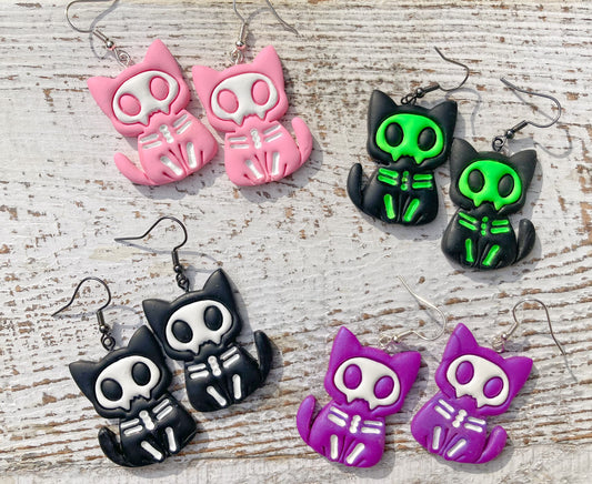 Skelly Cat Polymer Clay Earrings | Halloween LIMITED*