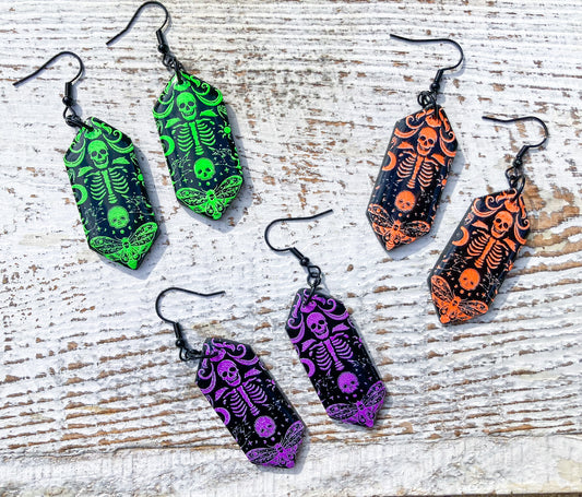 Brocade Skull (UV Reactive) Polymer Clay Pendant Earrings | Halloween LIMITED*