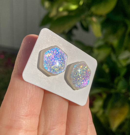 Glittery Hex Stud Earrings, Handmade Polymer Clay