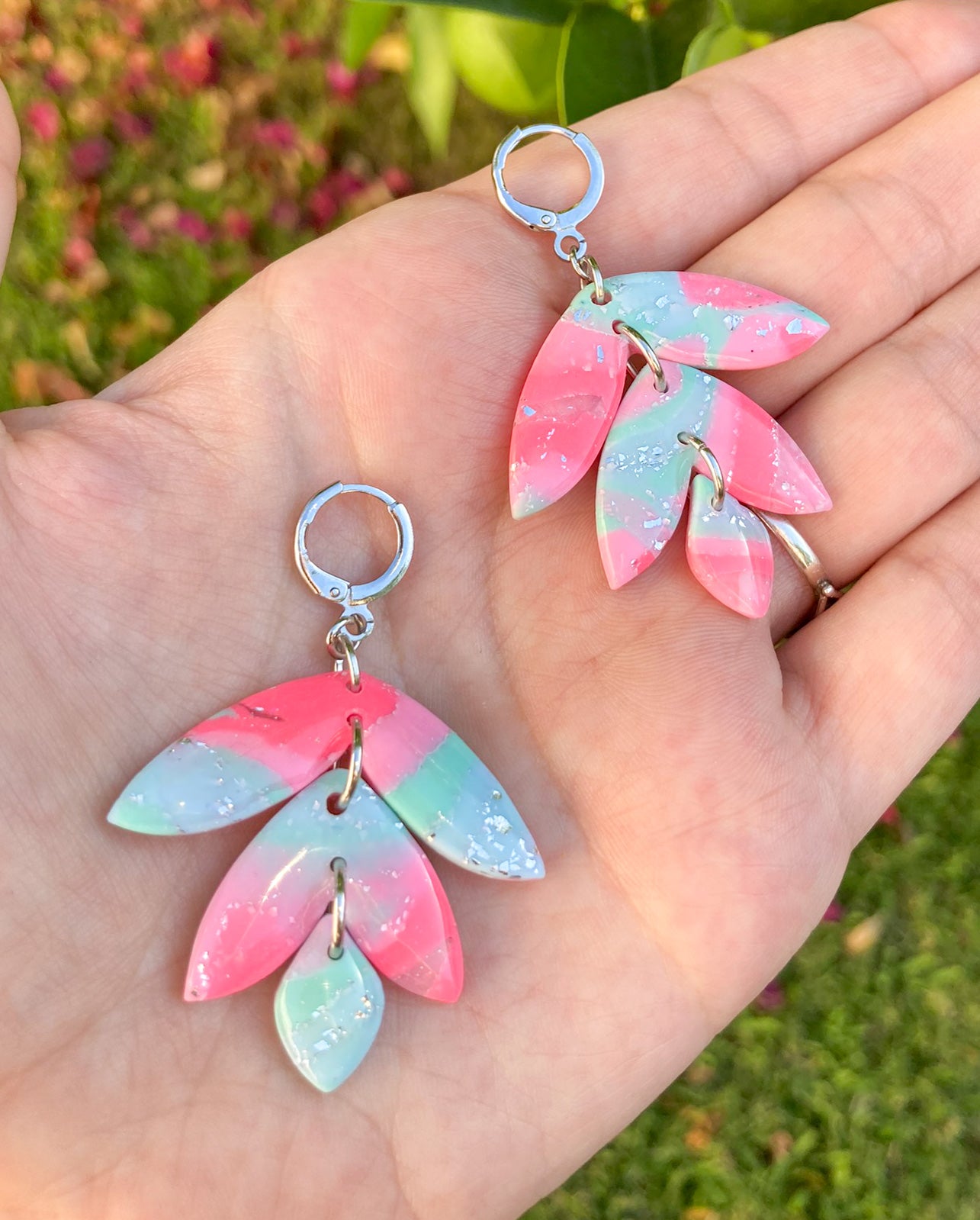 Seafoam Pink Wisteria Earrings, Handmade Polymer Clay