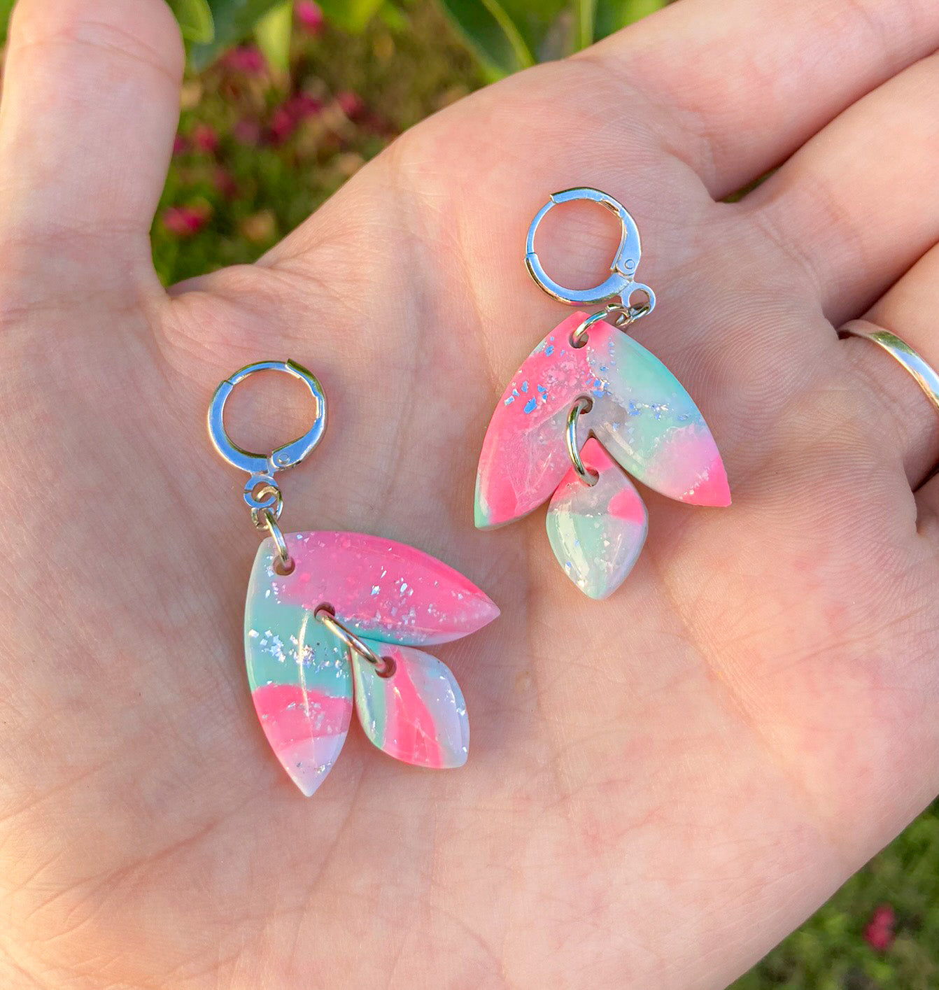 Seafoam Pink Wisteria Earrings, Handmade Polymer Clay
