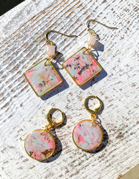 Seafoam Pink Cosmic Sky Style Earrings, Handmade Polymer Clay