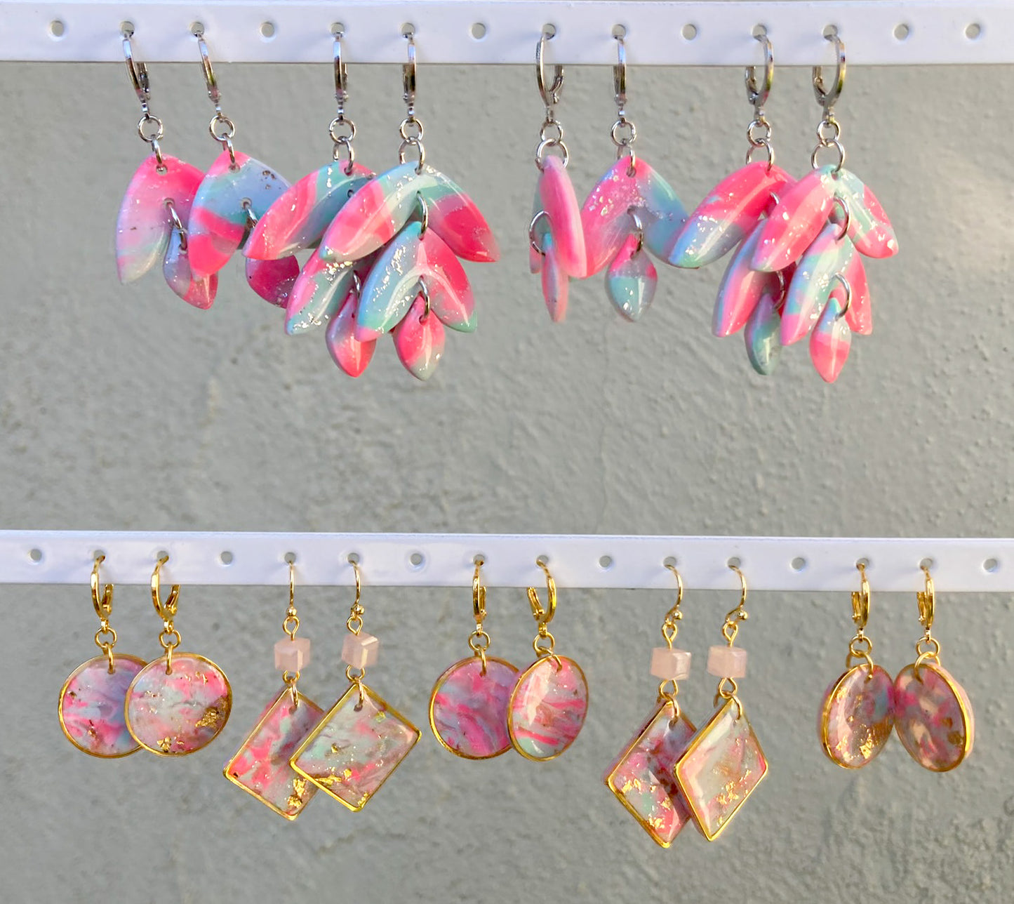 Seafoam Pink Wisteria Earrings, Handmade Polymer Clay