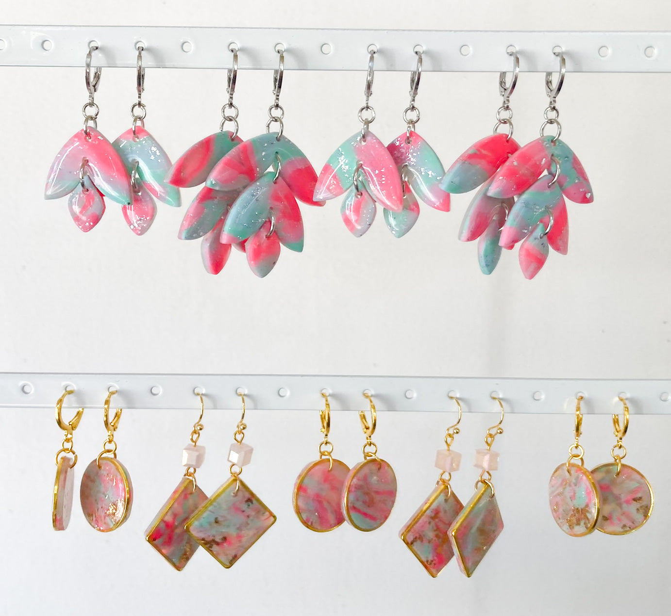 Seafoam Pink Wisteria Earrings, Handmade Polymer Clay