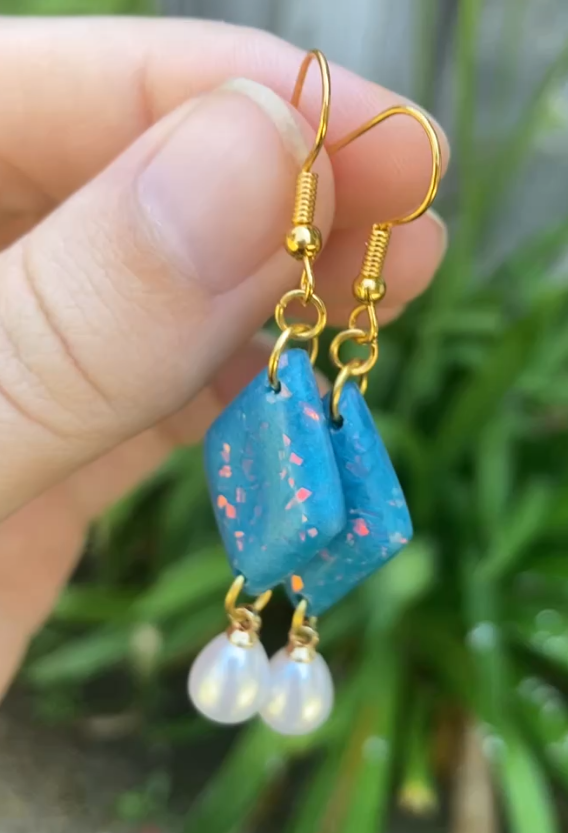 Blue & Pearl Earrings, Handmade Polymer Clay